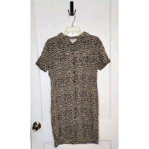 Vtg Robbie Bee Leopard Print Button Front Dress Sz 8 100% Silk Short Sleeve Midi